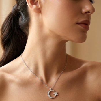 Taşlı Ay Yıldız Bayan Gümüş Kolye MY102156