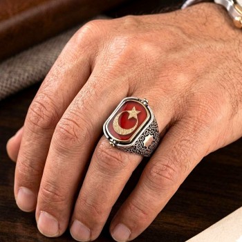 Çift Taraflı Ay Yıldız Erkek Gümüş Yüzük MY102347