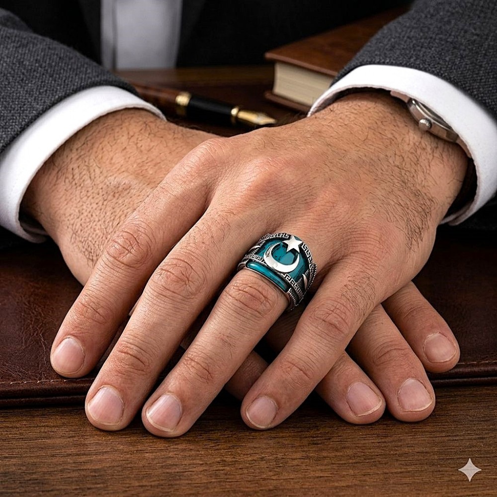 Ayyıldız Firuze Taşlı Erkek Gümüş Yüzük MY101814 18317 Thumb