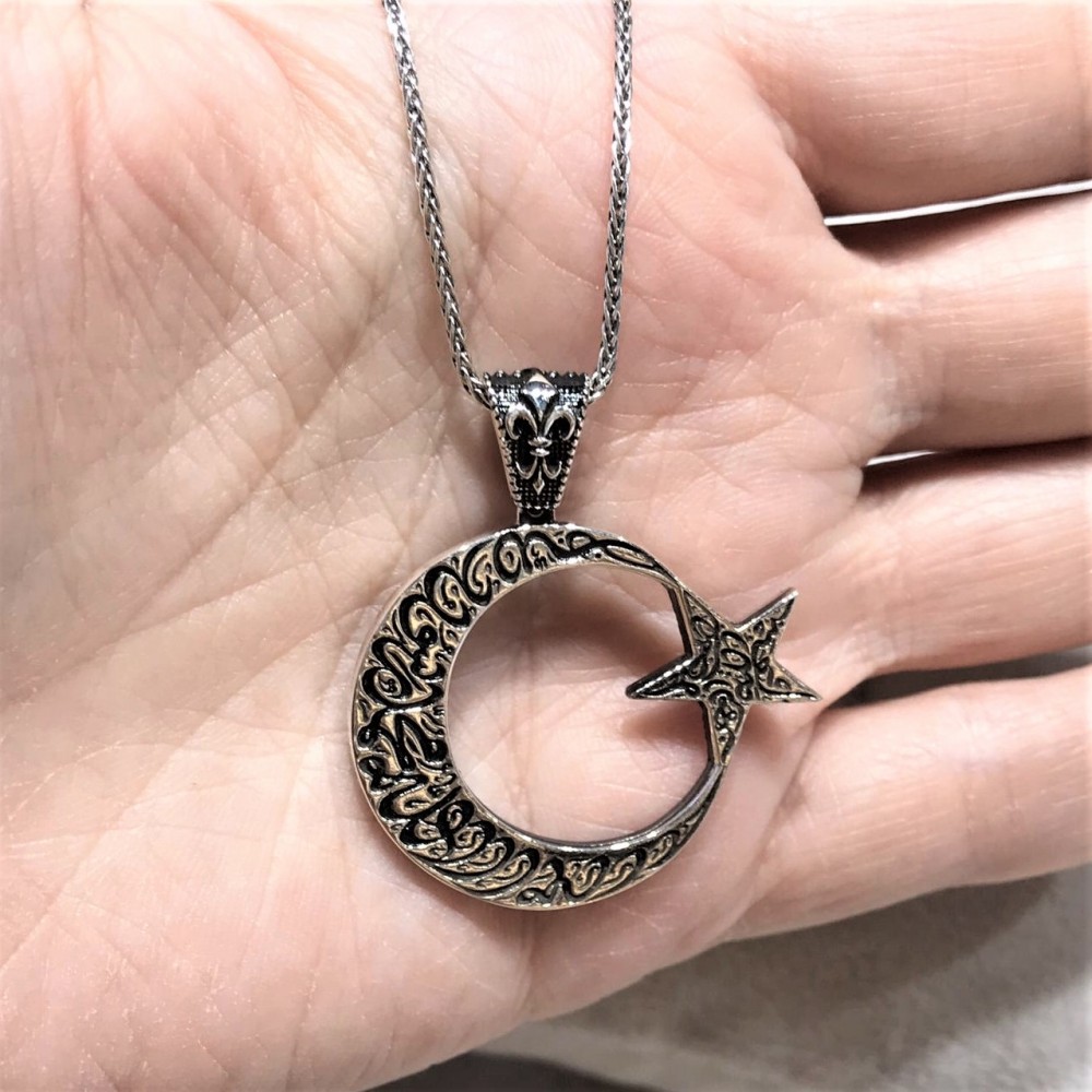 Besmele-i Şerif İşlemeli Ay Yıldız Gümüş Kolye MY101867 11659 Thumb