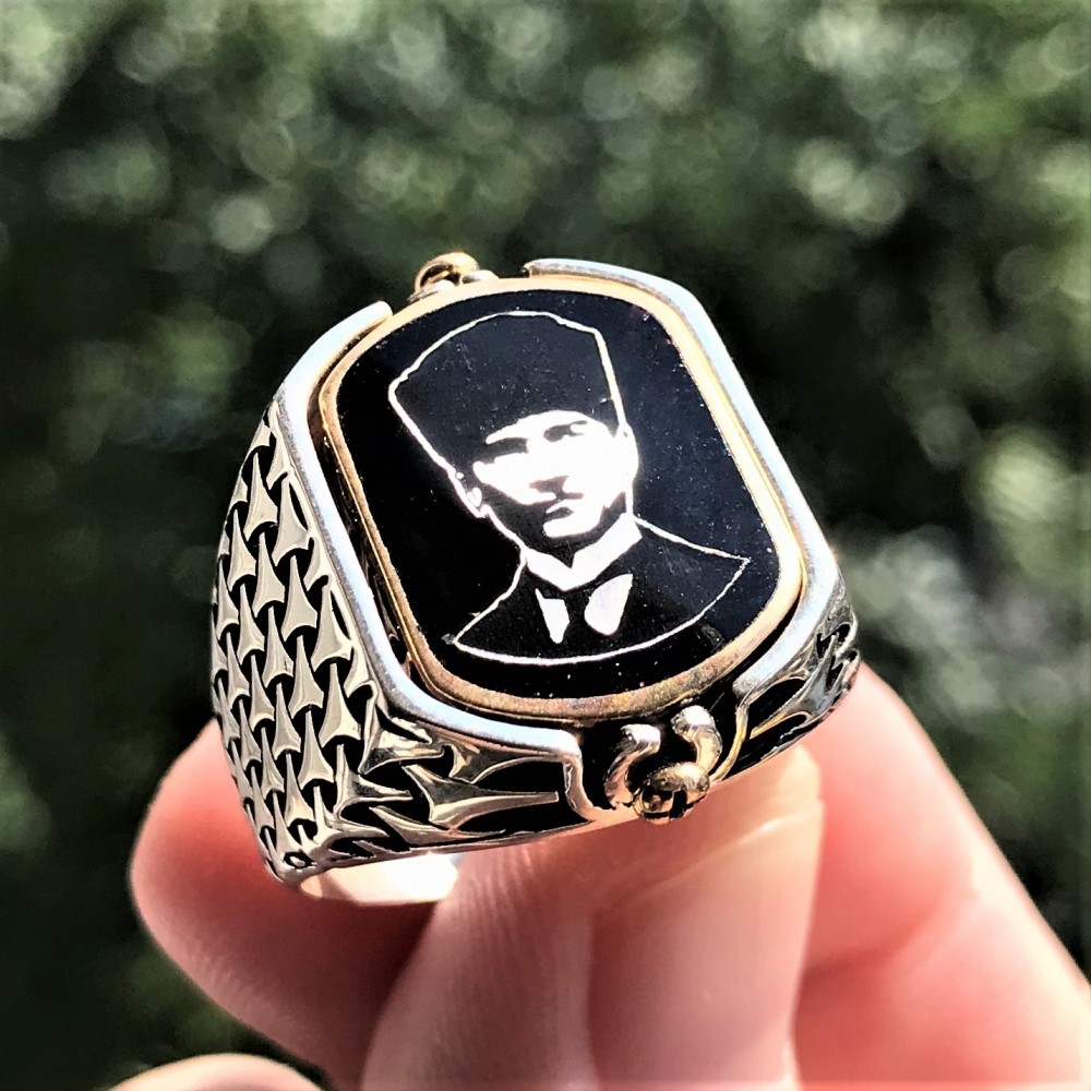 Çift Taraflı Ay Yıldız Atatürk İşlemeli Erkek Gümüş Yüzük MY102435 14945 Thumb