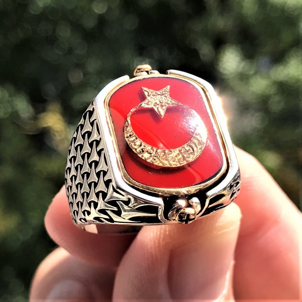 Çift Taraflı Ay Yıldız Atatürk İşlemeli Erkek Gümüş Yüzük MY102435 14946 Thumb