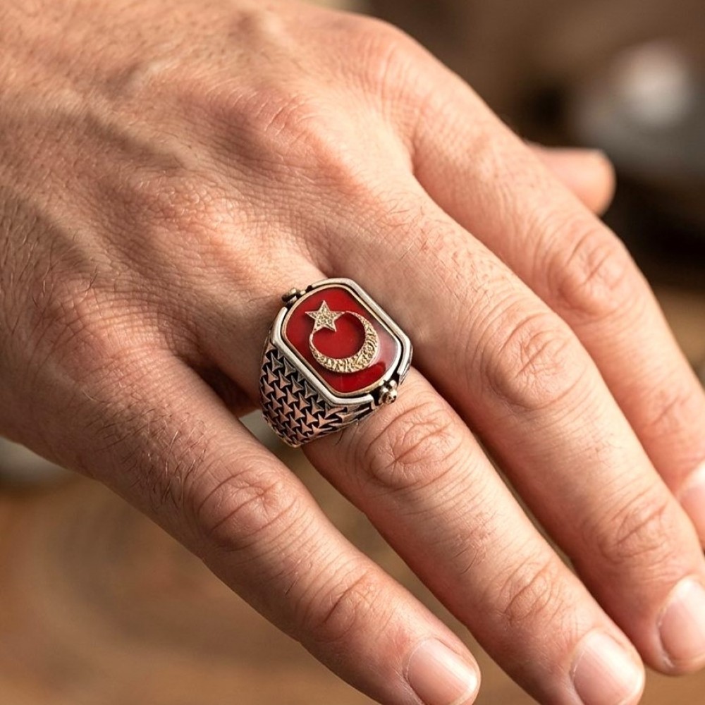 Çift Taraflı Ay Yıldız Atatürk İşlemeli Erkek Gümüş Yüzük MY102435 18416 Thumb