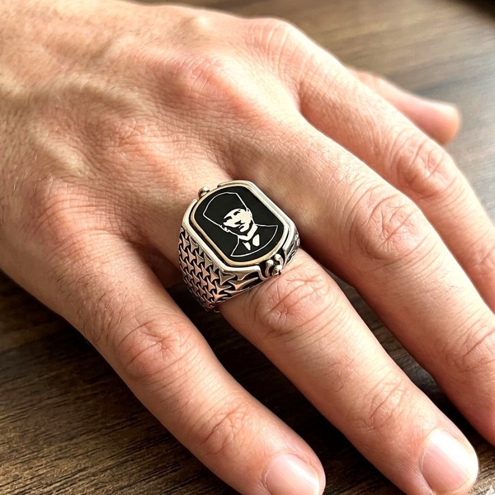 Çift Taraflı Ay Yıldız Atatürk İşlemeli Erkek Gümüş Yüzük MY102435 18417 Thumb