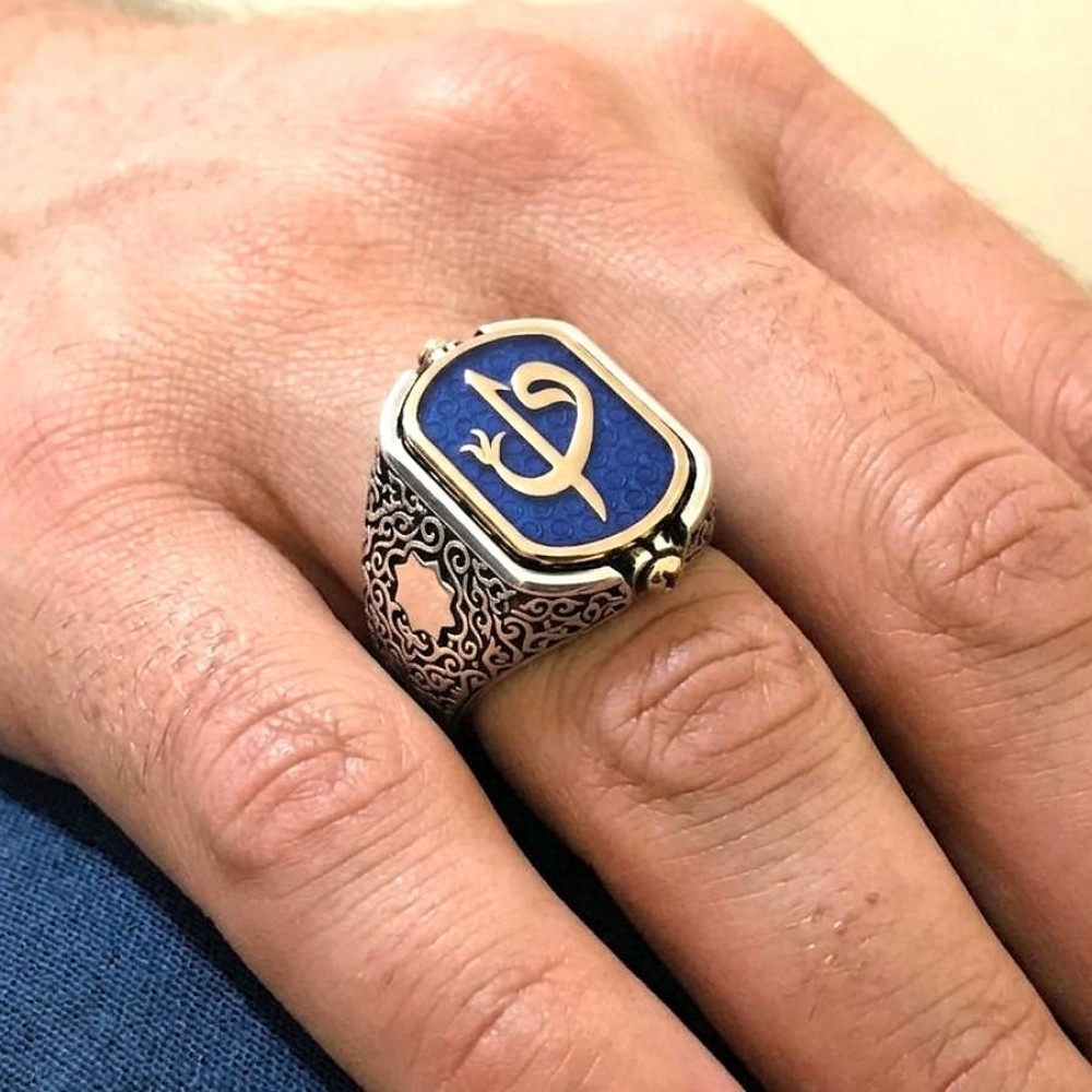 Çift Taraflı Elif Vav İşlemeli Siyah Taşlı Erkek Gümüş Yüzük MY102306 18408 Thumb