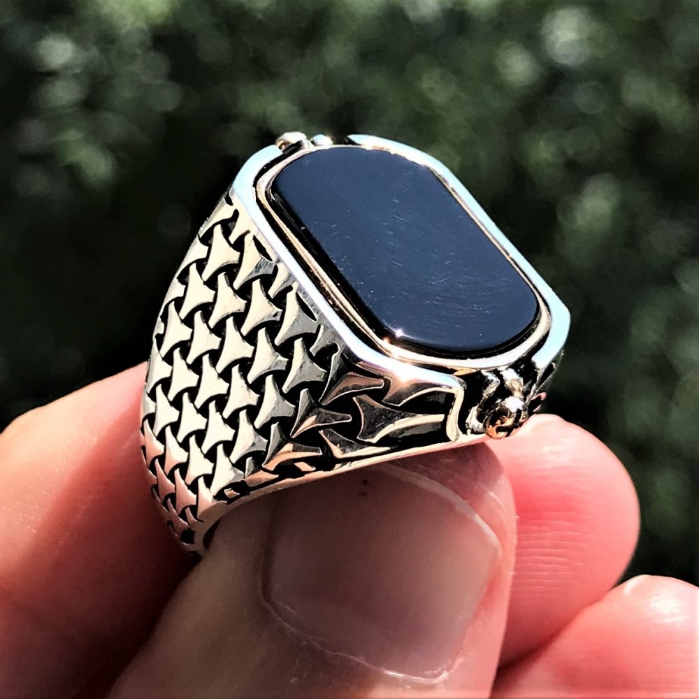 Çift Taraflı HasbiAllah Yazılı Siyah Oniks Taşlı Erkek Gümüş Yüzük MY102436 14954 Thumb