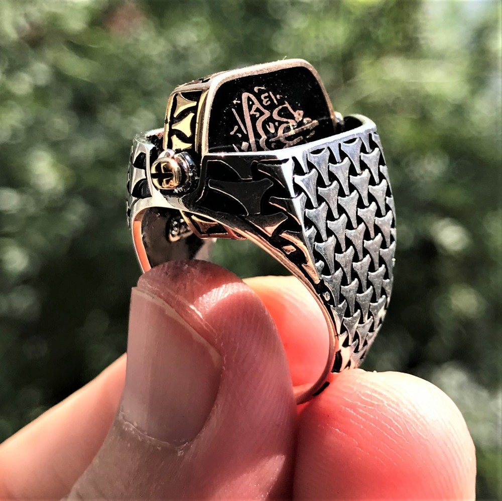 Çift Taraflı HasbiAllah Yazılı Siyah Oniks Taşlı Erkek Gümüş Yüzük MY102436 14956 Thumb