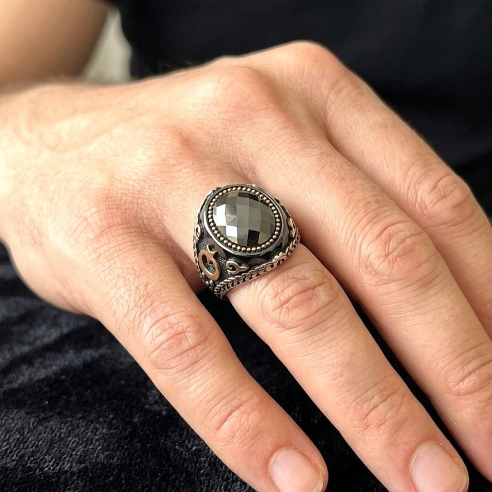 Oniks Taşlı Ay Yıldız Erkek Gümüş Yüzük MY102634 18331 Thumb