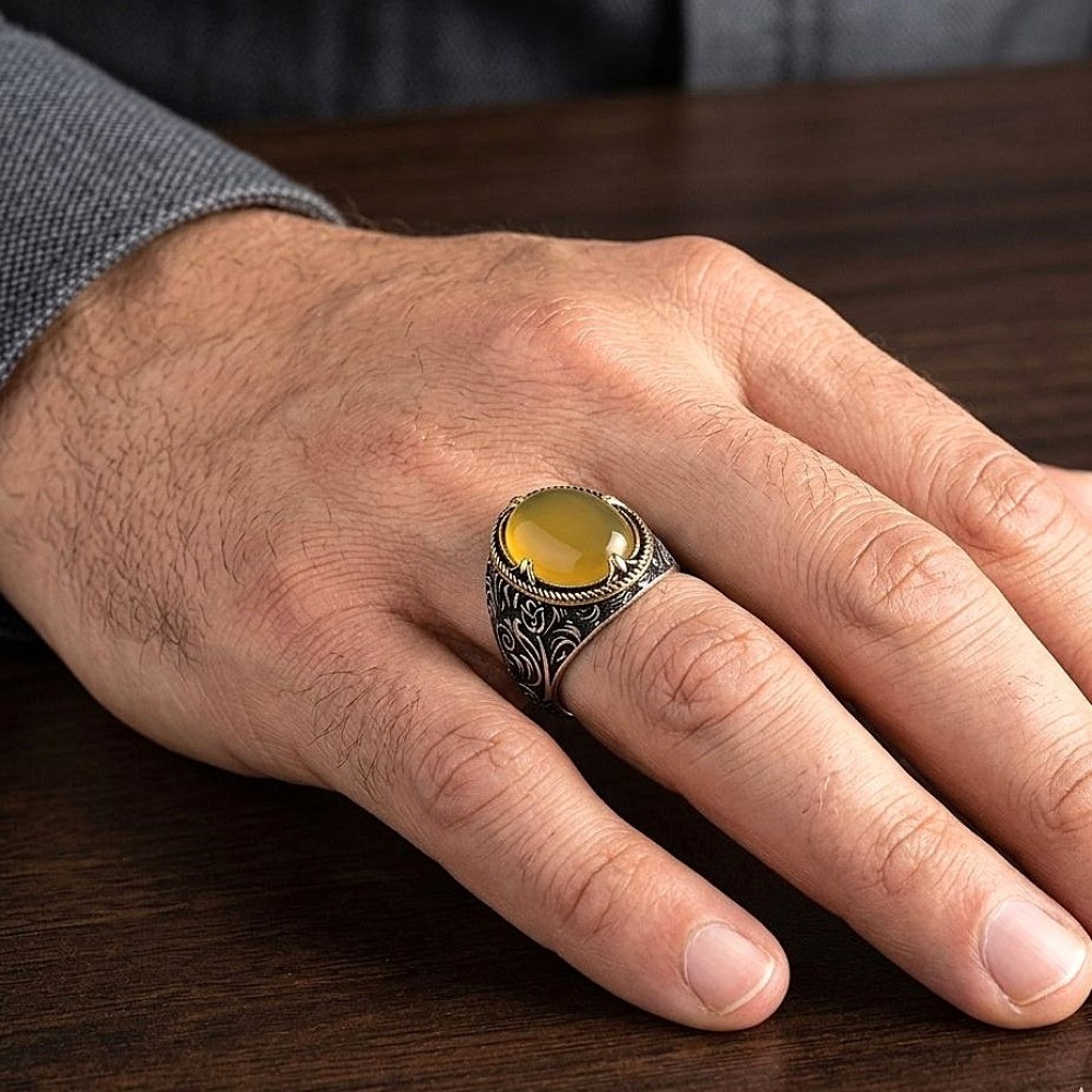 Sarı Kehribar Taşlı Erkek Gümüş Yüzük MY101821 18371 Thumb