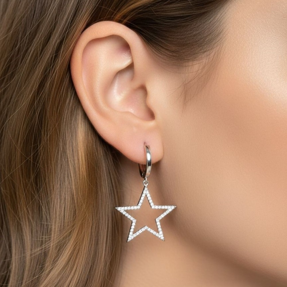 Zirkon Taşlı Büyük Yıldız Gümüş Küpe MY102130 18091 Thumb